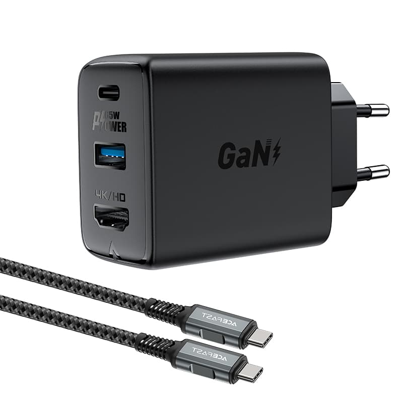 Acefast 2v1 GaN polnilnik 65W USB-C/USB + HDMI adapter, črn (A17)