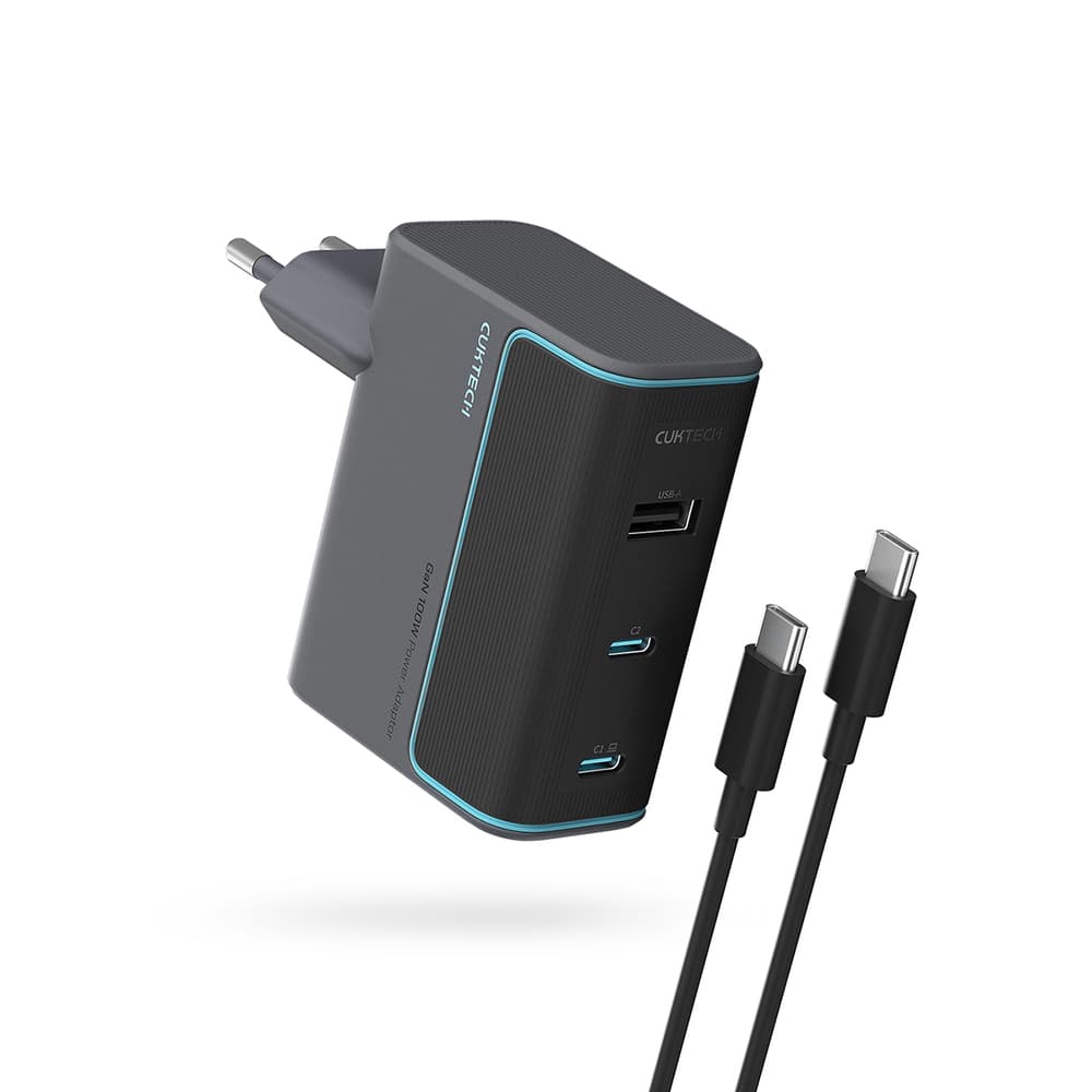 Cuktech GaN 100W stenski polnilnik 2x USB-C, 1x USB-A s kablom - siv