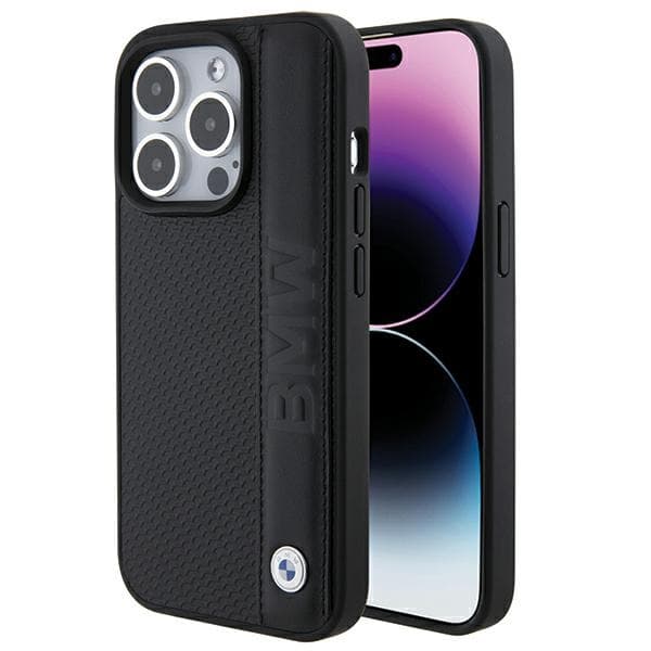 Ovitek BMW usnjeni z vzorcem teksture & črte za iPhone 15 Pro Max - Črna