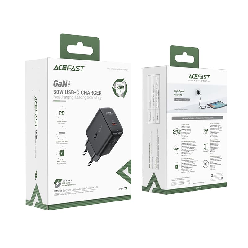 Acefast GaN stenski polnilnik USB-C 30W, PD, QC 3.0, FCP, črn (A21) 5