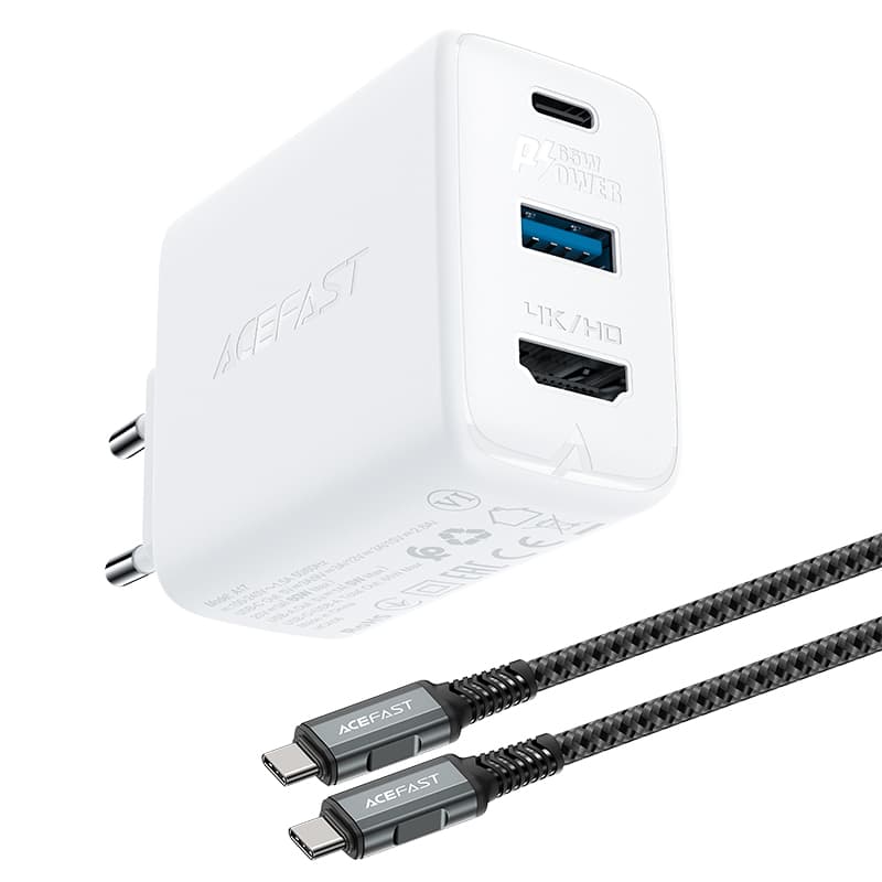 Acefast 2v1 GaN polnilnik 65W USB-C/USB + HDMI adapter, bel (A17)