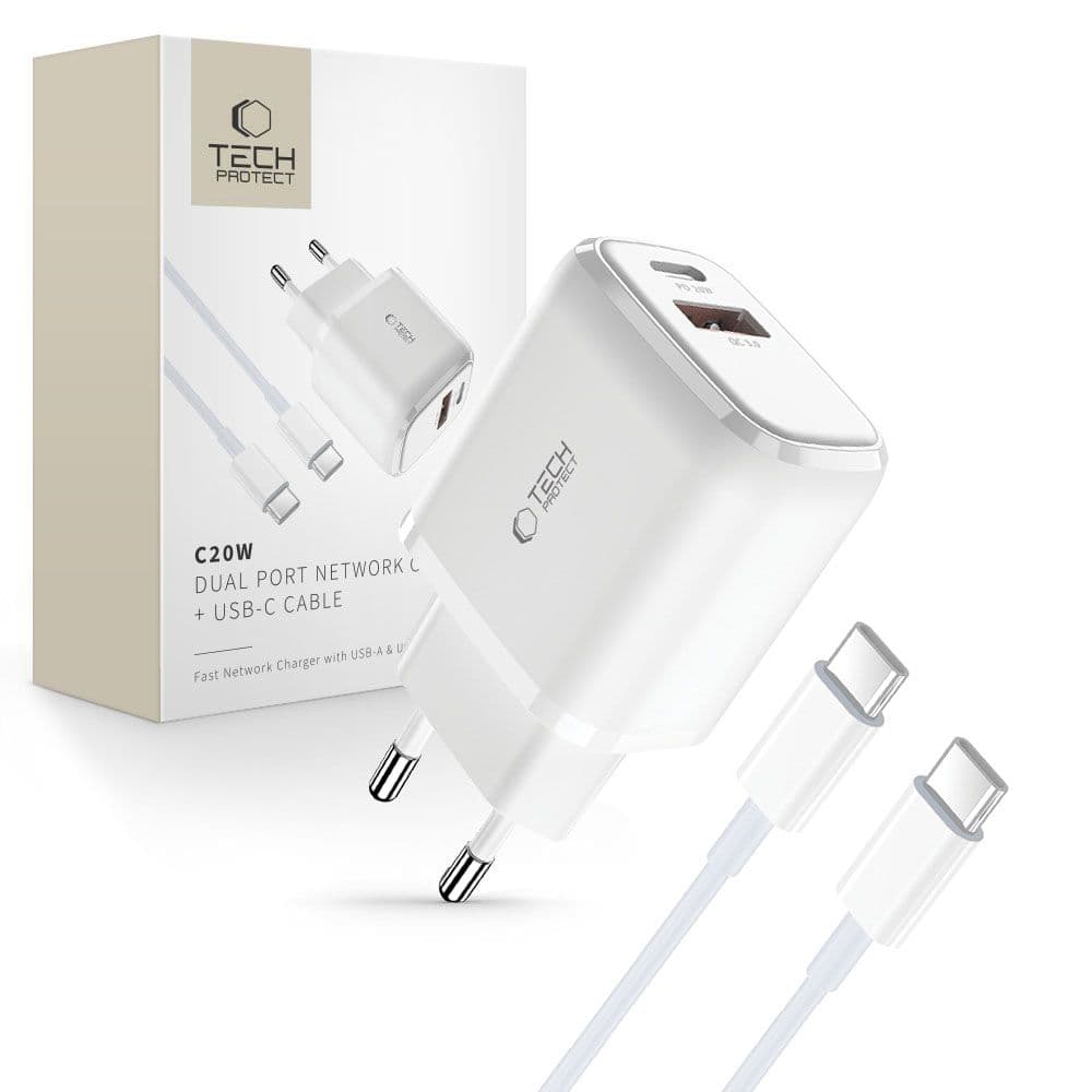 Tech-Protect C20W polnilec USB-C PD 20W / USB-A QC 3.0 s kablom USB-C / USB-C - bel