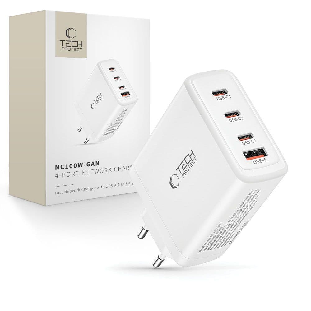 Polnilnik Tech-Protect NC100W-GAN 100W, 3x USB-C PD, 1x USB-A QC 3.0 - bel