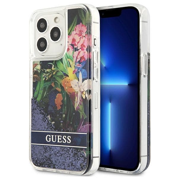 Ovitek za iPhone 13 Pro / 13 Guess Flower Liquid Glitter, moder