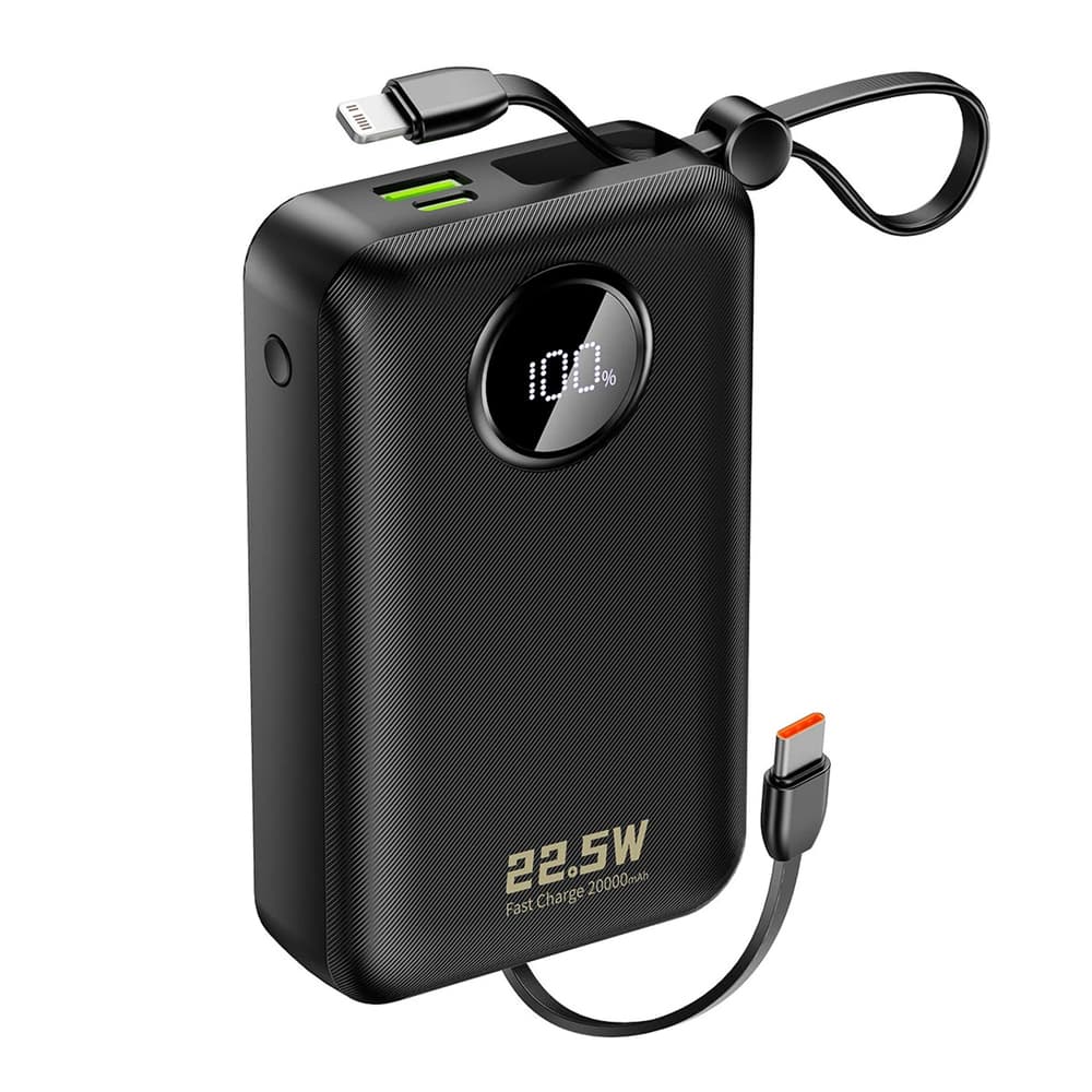 Dudao K14+ Powerbank 20000mAh 22.5W s kabli Lightning in USB-C, črn