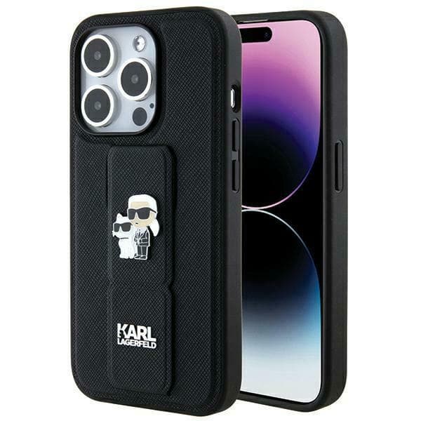 Karl Lagerfeld Gripstand Saffiano Choupette Pins ovitek za iPhone 14 Pro - črn