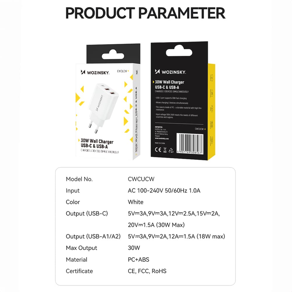 Wozinsky CWCUCW 30W stenski polnilnik, 1x USB-C, 2x USB-A, bela 4