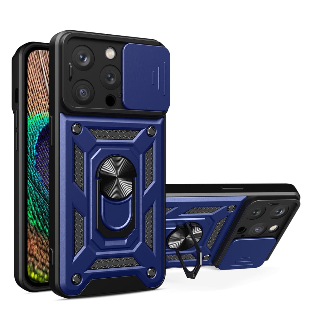 Hurtel Armor Camshield ovitek s stojalom in pokrovom za kamero za iPhone 15 Pro Max - Modra
