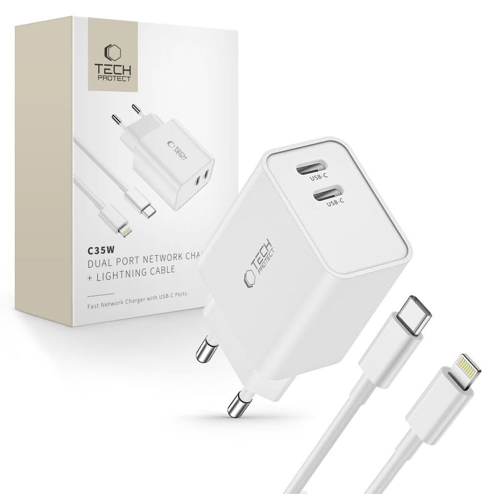 Tech-Protect C35W PD polnilnik 2x USB-C, 35W, s kablom USB-C/Lightning