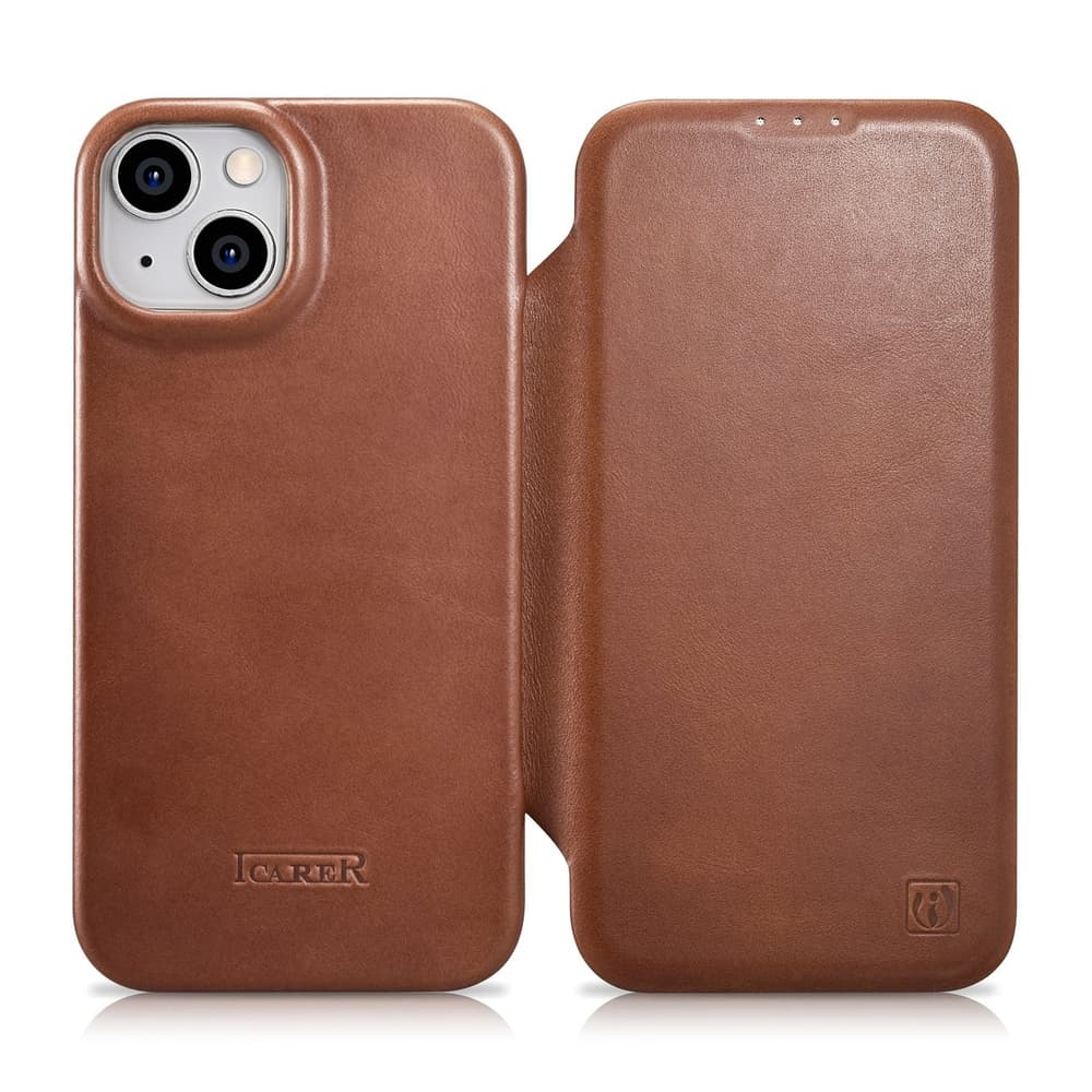 Ovitek iCarer Oil Wax za iPhone 14 Plus, rjav