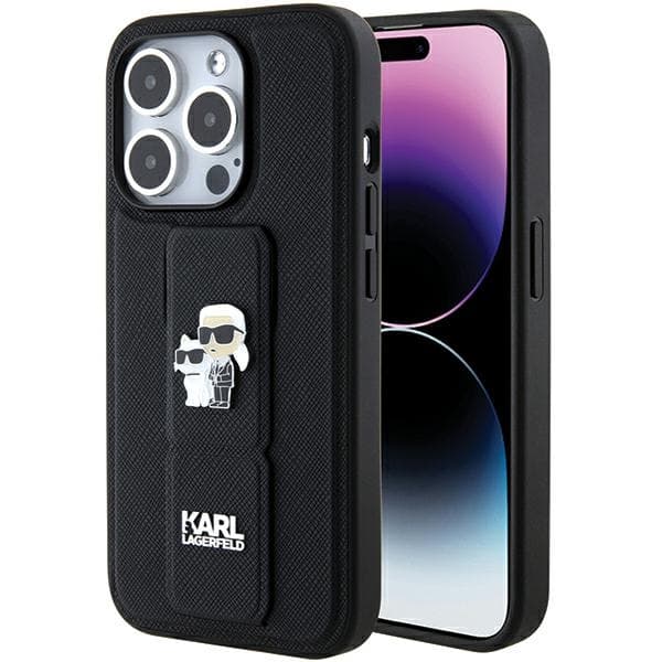 Karl Lagerfeld ovitek za iPhone 15 Pro - črn, Gripstand