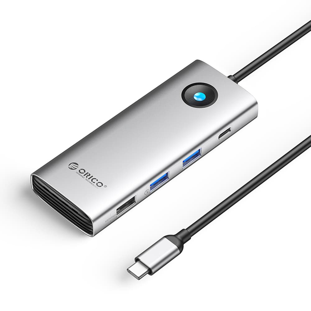 Orico PW11 USB-C Docking Station, 8v1, 2x USB-A 3.0, USB-A 2.0, USB-C, PD 100W, HDMI 4K@60Hz, VGA, RJ45, srebrna