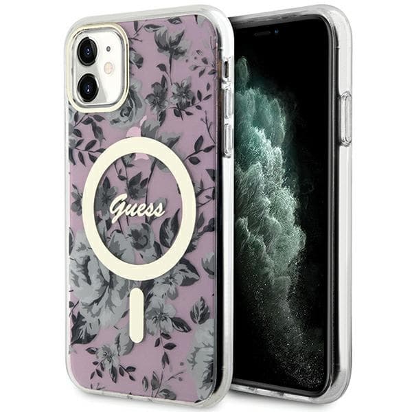 Guess ovitek za iPhone 11 / Xr 6.1" Flower MagSafe, roza