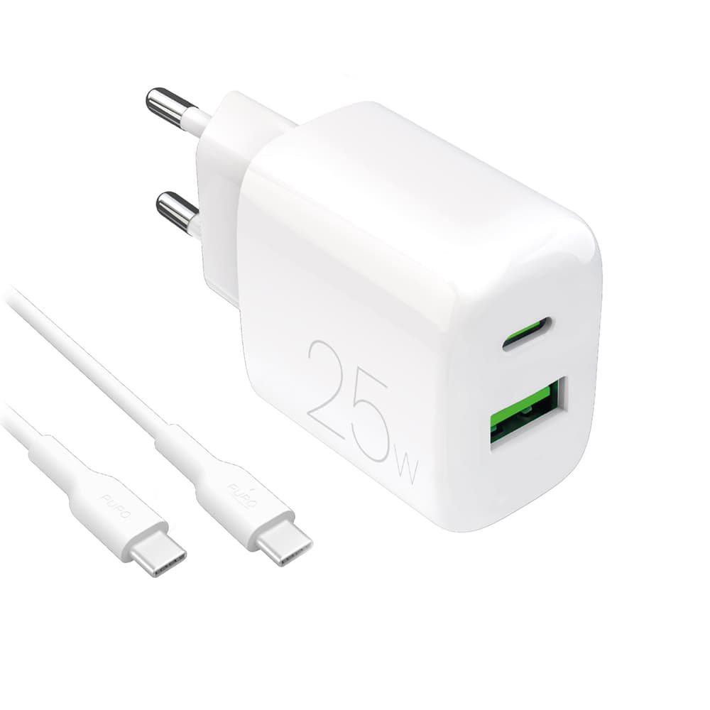 Puro PROLITE 25W USB-A/USB-C polnilnik + kabel USB-C/USB-C 1.2m, bel
