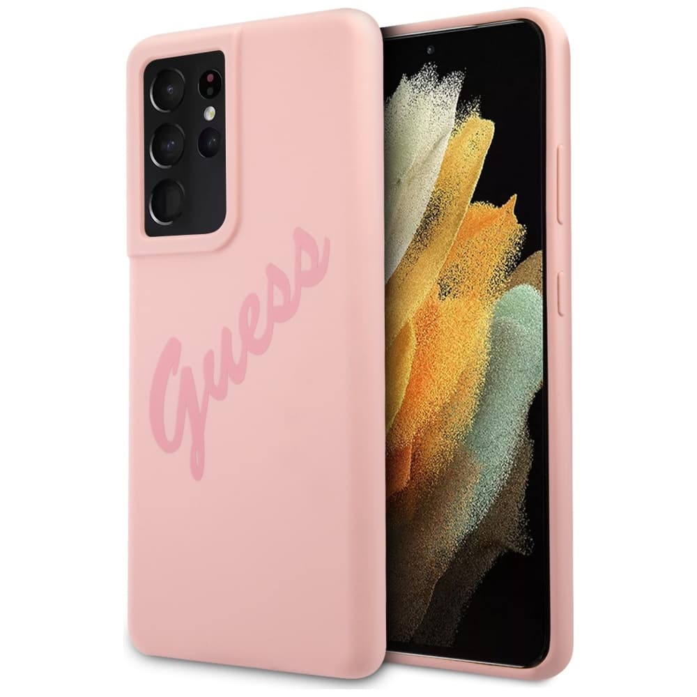 Ovitek Guess Silicone Vintage Script za Samsung Galaxy S21 Ultra - Roza