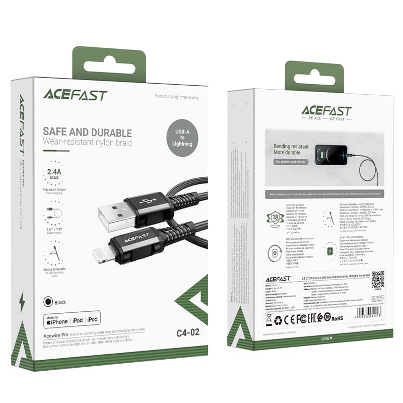 Acefast USB v Lightning kabel 1.8m, 2.4A, črn (C4-02 A) 5