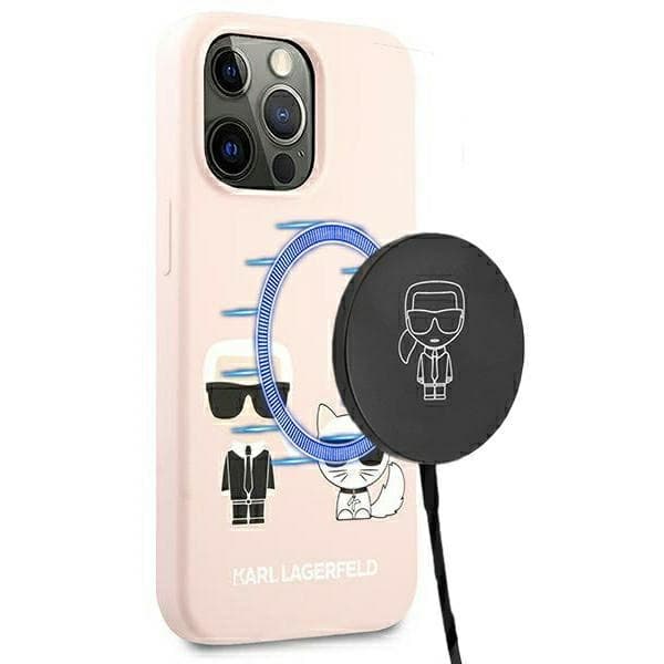 Karl Lagerfeld Silikonski ovitek Ikonik Karl&Choupette MagSafe za iPhone 13 Pro / 13 - svetlo roza