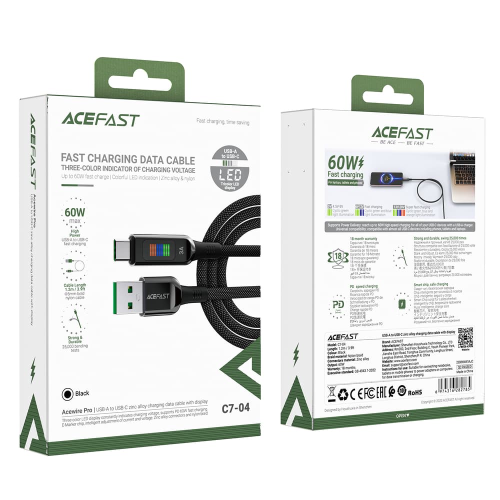 Acefast C7-04 USB-A v USB-C 60W 1.2m kabel z zaslonom, črn 7