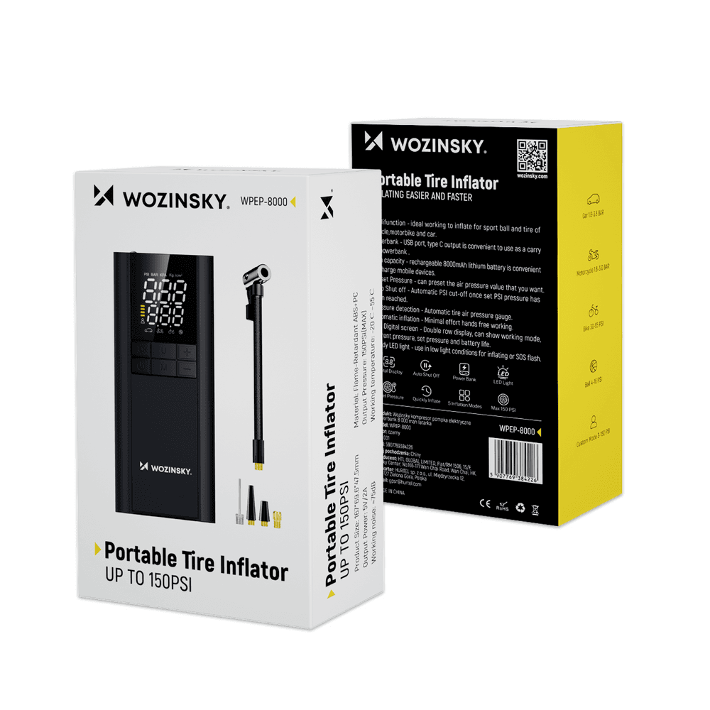 Wozinsky WPEP-8000 kompresor, električna tlačilka, 8000mAh powerbank, svetilka, črna 8