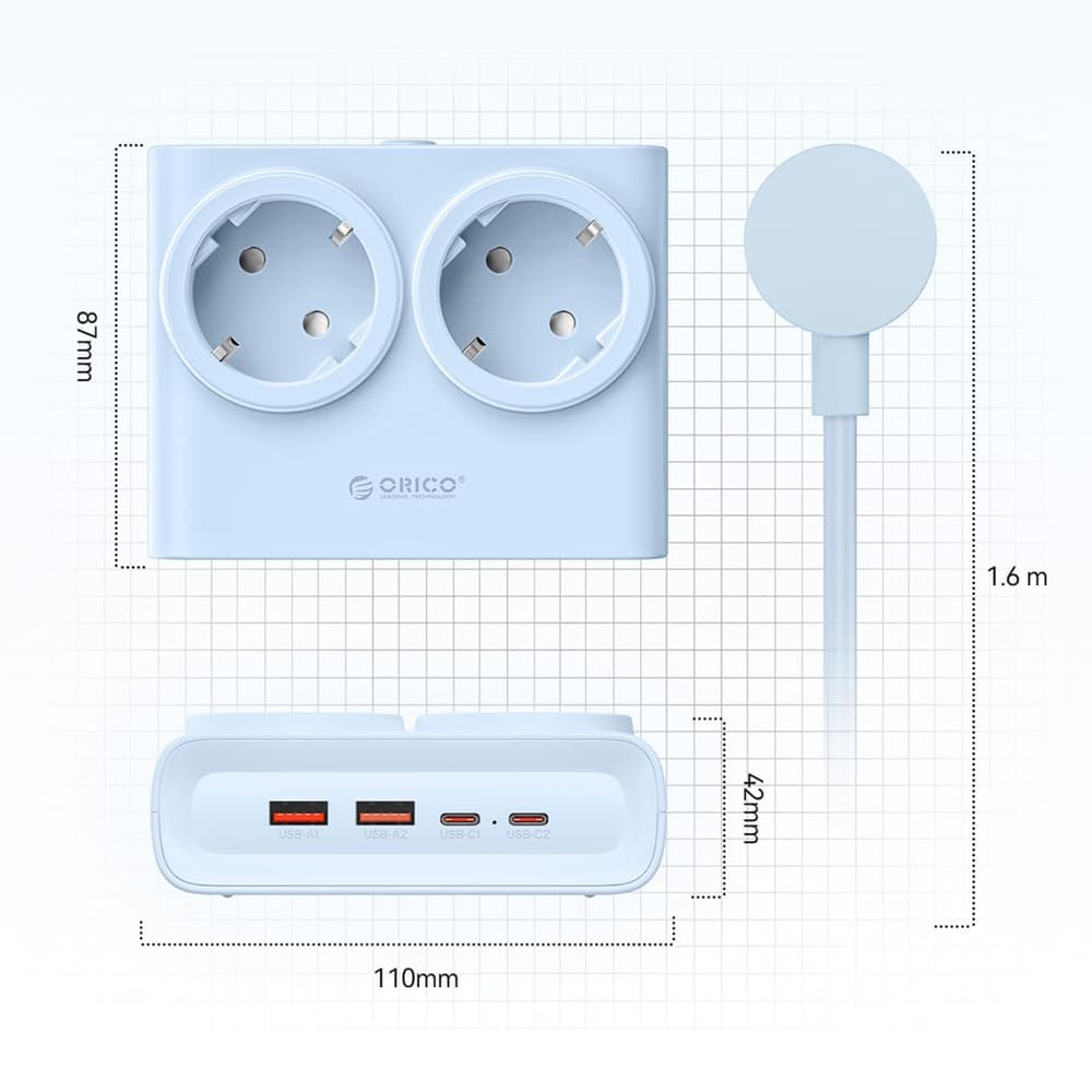 Orico PDC25 25W 6in1 napajalnik: 2x AC + 2x USB-A + 2x USB-C, moder 4