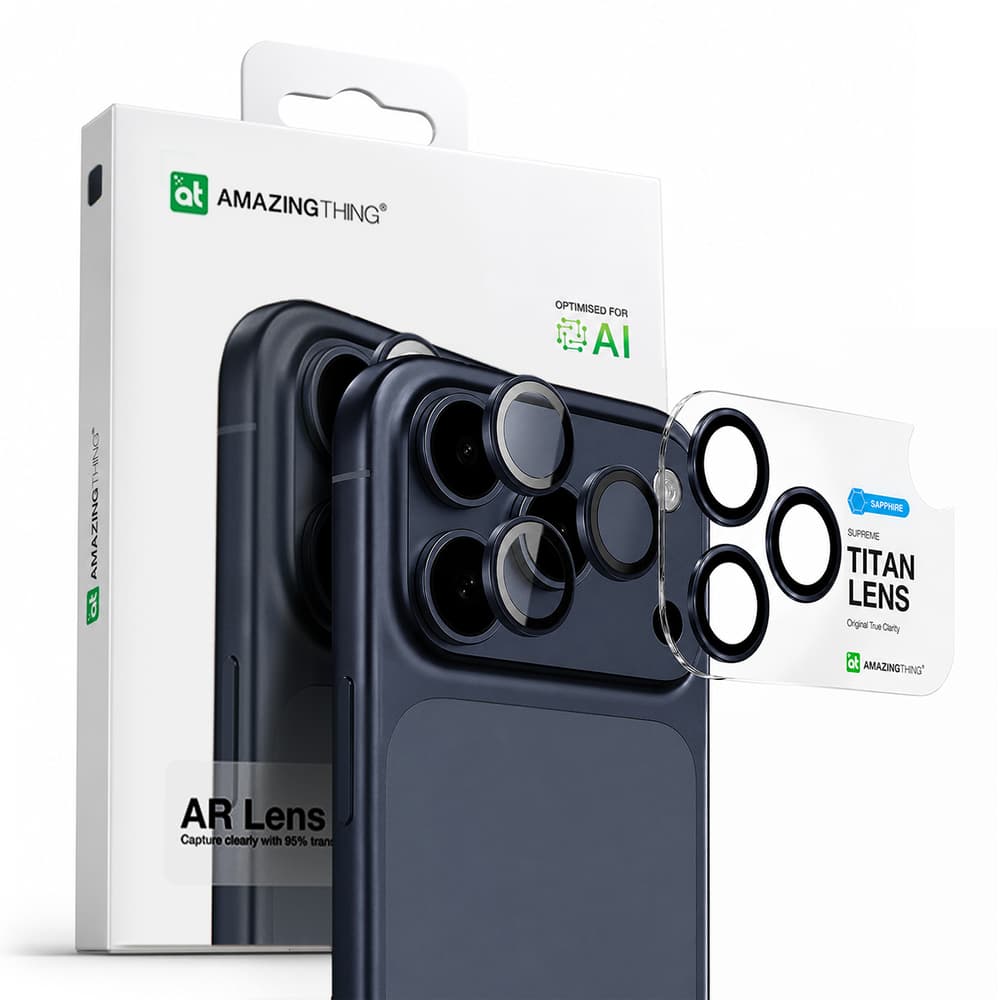 AmazingThing Safirno steklo za kamero iPhone 17 Pro / Pro Max, moder okvir