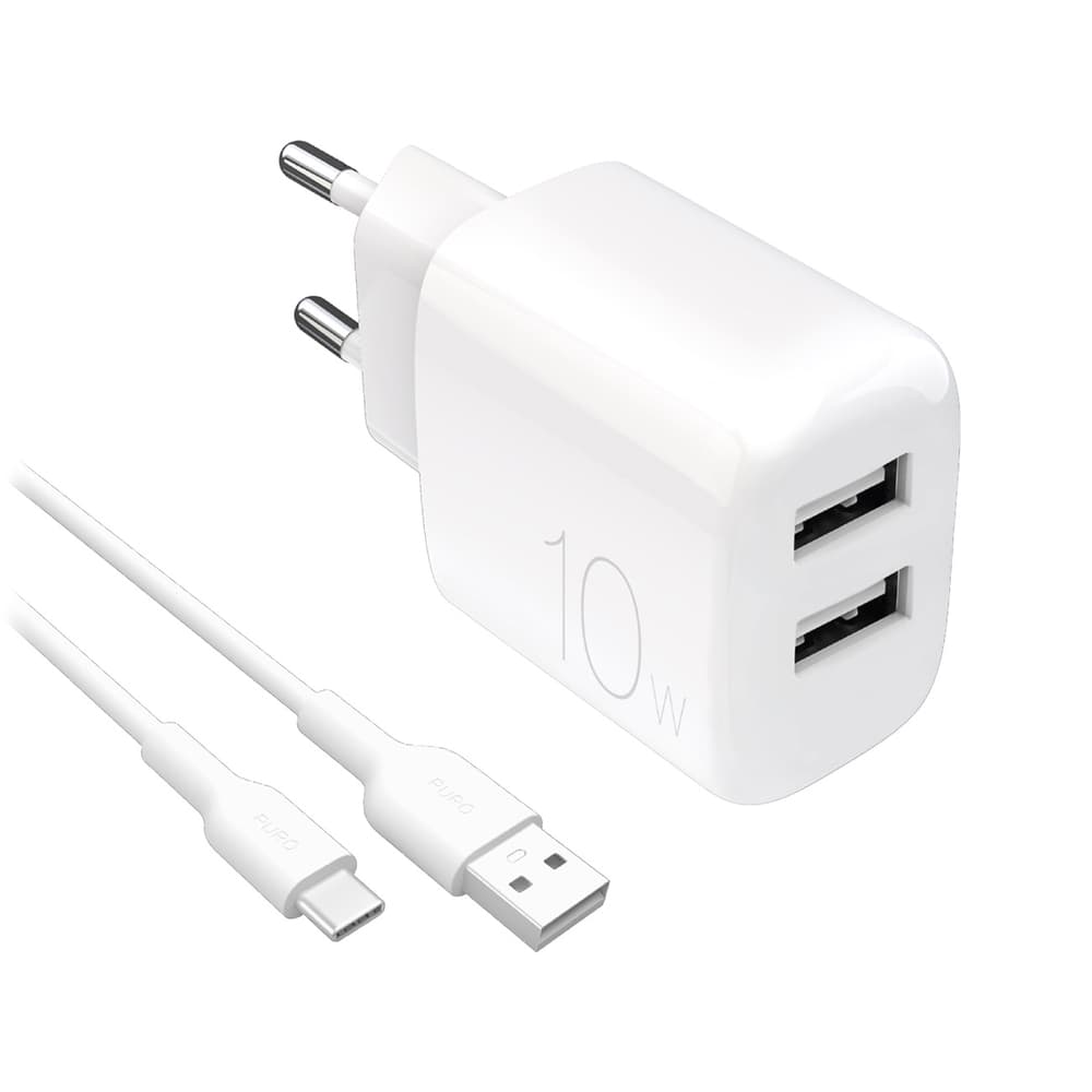 Puro PROLITE 10W stenski polnilnik, 2xUSB-A + kabel USB-A/USB-C 1.2m, bel