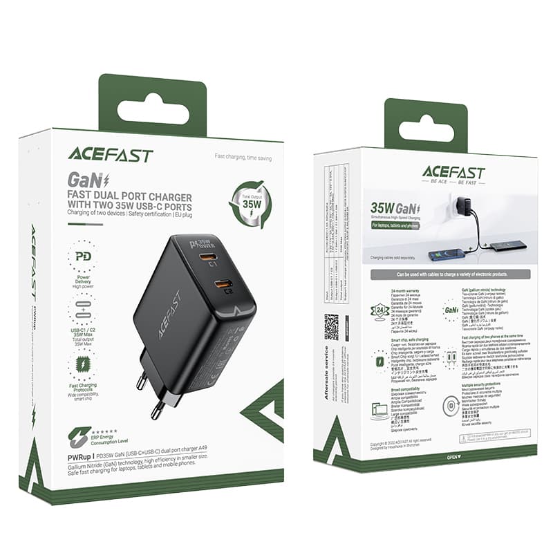 Acefast A49 GaN 35W PD hitri polnilec z 2x USB C vrati - črn 5