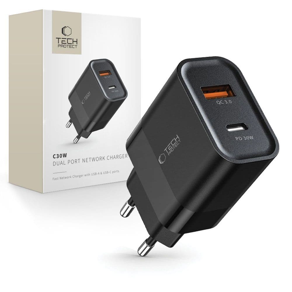 Tech-Protect C30W polnilnik USB-C PD 30W / USB-A QC 3.0 - Črn