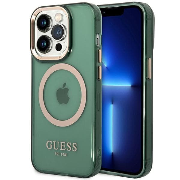 Ovitek Guess Gold Outline Translucent MagSafe za iPhone 14 Pro, zelen