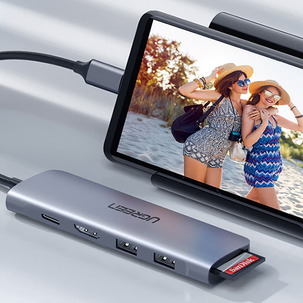 Ugreen CM195 6v1 adapter USB-C - HDMI / 2x USB-A 3.0 / USB-C PD / SD/TF čitalnik, siv 7