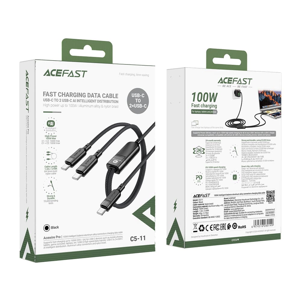 Acefast C5 USB-C - USB-C / USB-C 2v1 kabel, 100W, 480Mb/s - črn 5