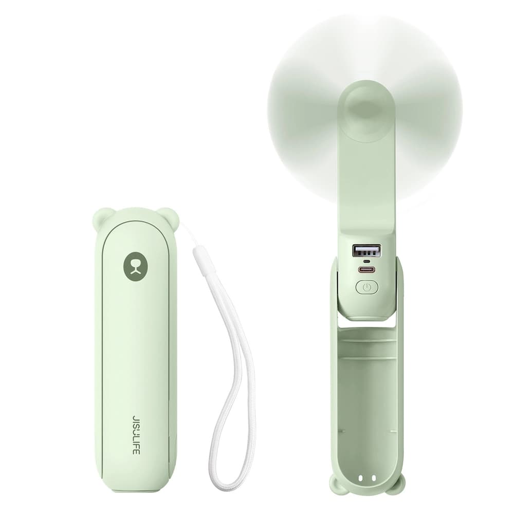 Jisulife ročni ventilator Life8 Plus, prenosni USB ventilator s Power Bank funkcijo 4500mAh in svetilko - Zelena