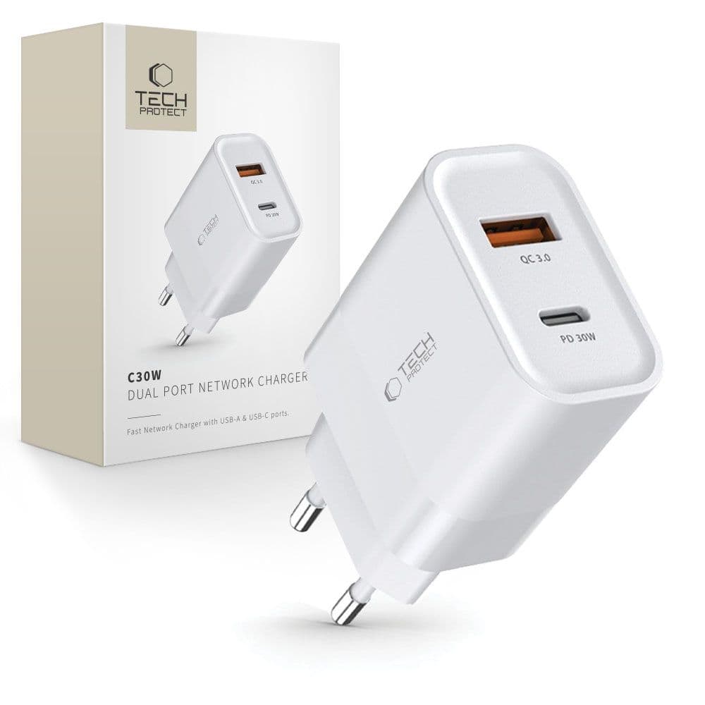 Tech-Protect C30W Polnilnik USB-C PD 30W / USB-A QC 3.0 - bel