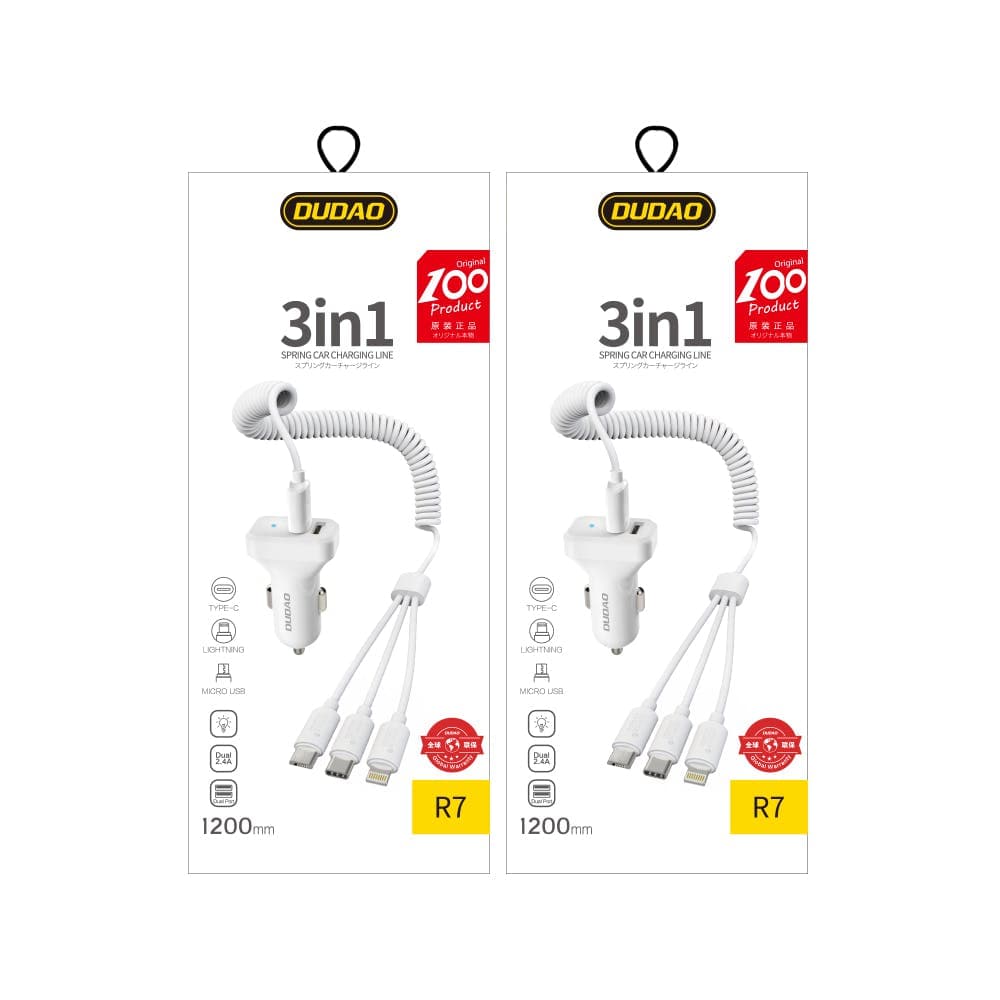 Dudao R7 avto polnilec 2x USB 2.4A + 3v1 kabel USB (Lightning/Type-C/Micro USB), bel 8