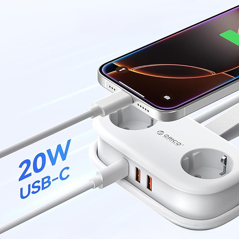 Orico AP3 razdelilnik 20W GaN, 2x AC + 2x USB-A + 1x USB-C - bel