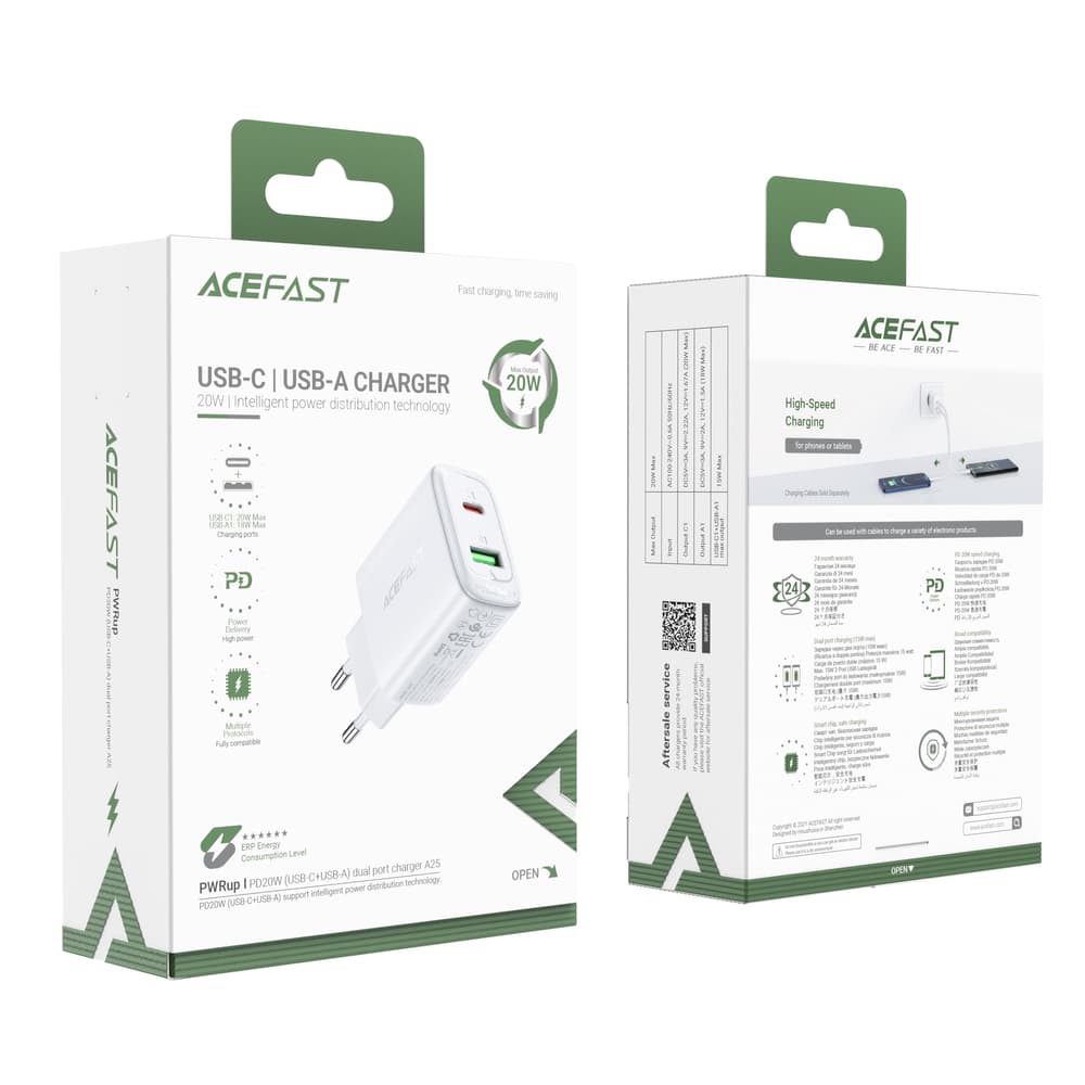 Acefast stenski polnilnik USB-C/USB 20W, PD, QC 3.0, FCP, bel (A25) 5