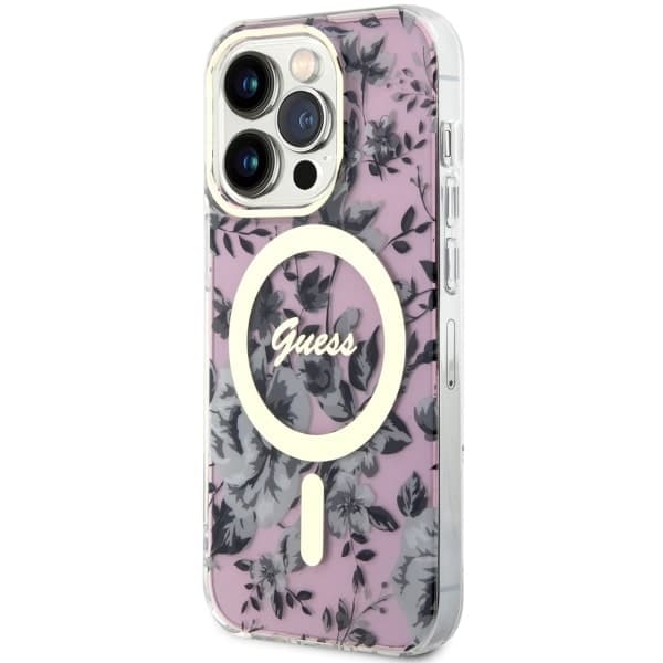 Guess ovitek za iPhone 14 Pro 6.1" roza Flower MagSafe 2