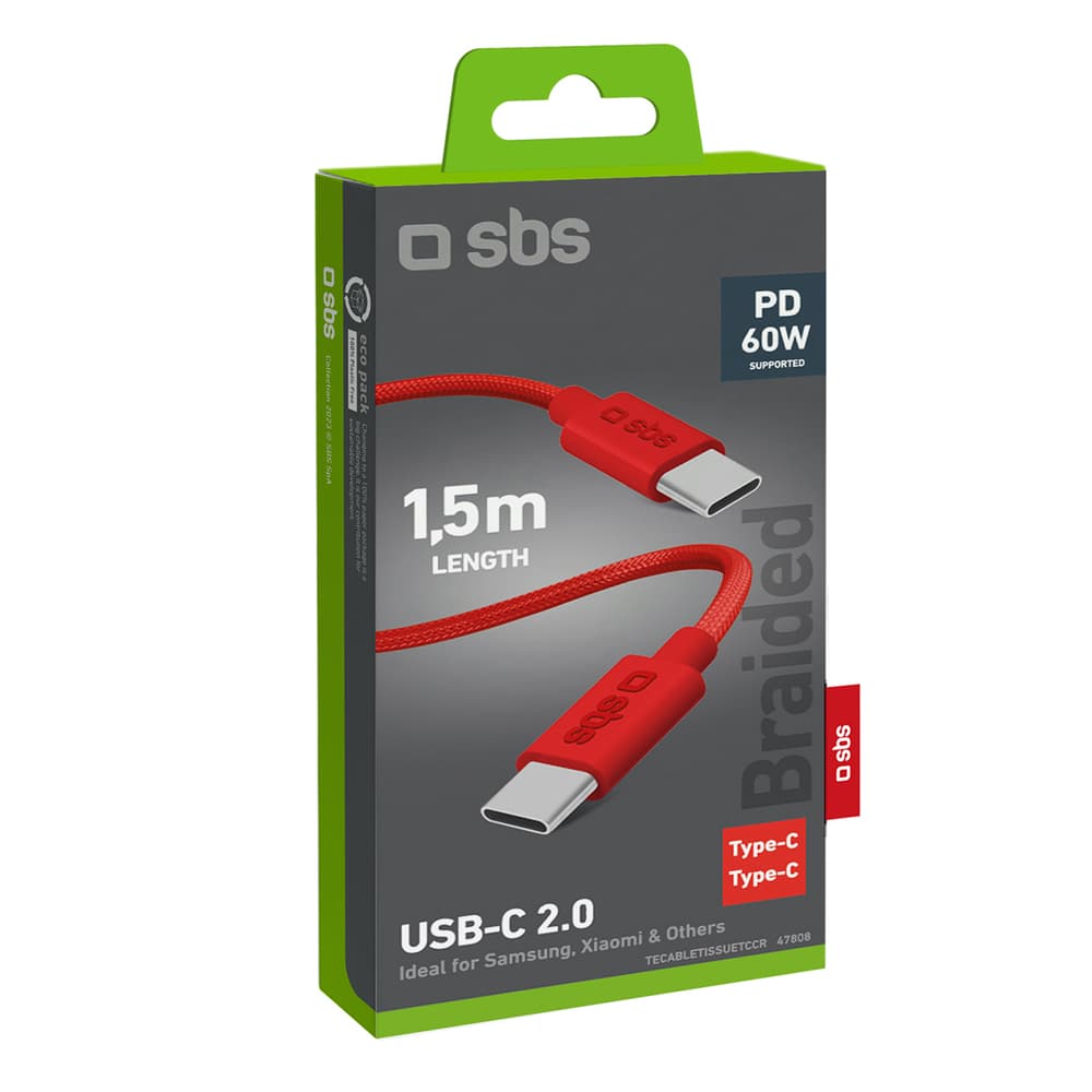 SBS TECABLETISSUETCCR USB-C v USB-C, 1,5m, 60W, pleten kabel - rdeči 2