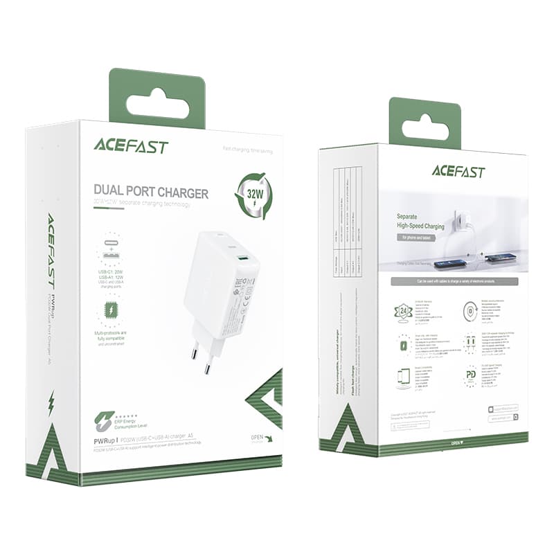 Acefast stenski polnilnik USB-C/USB 32W, PD, QC 3.0, AFC, FCP, bel (A5) 5