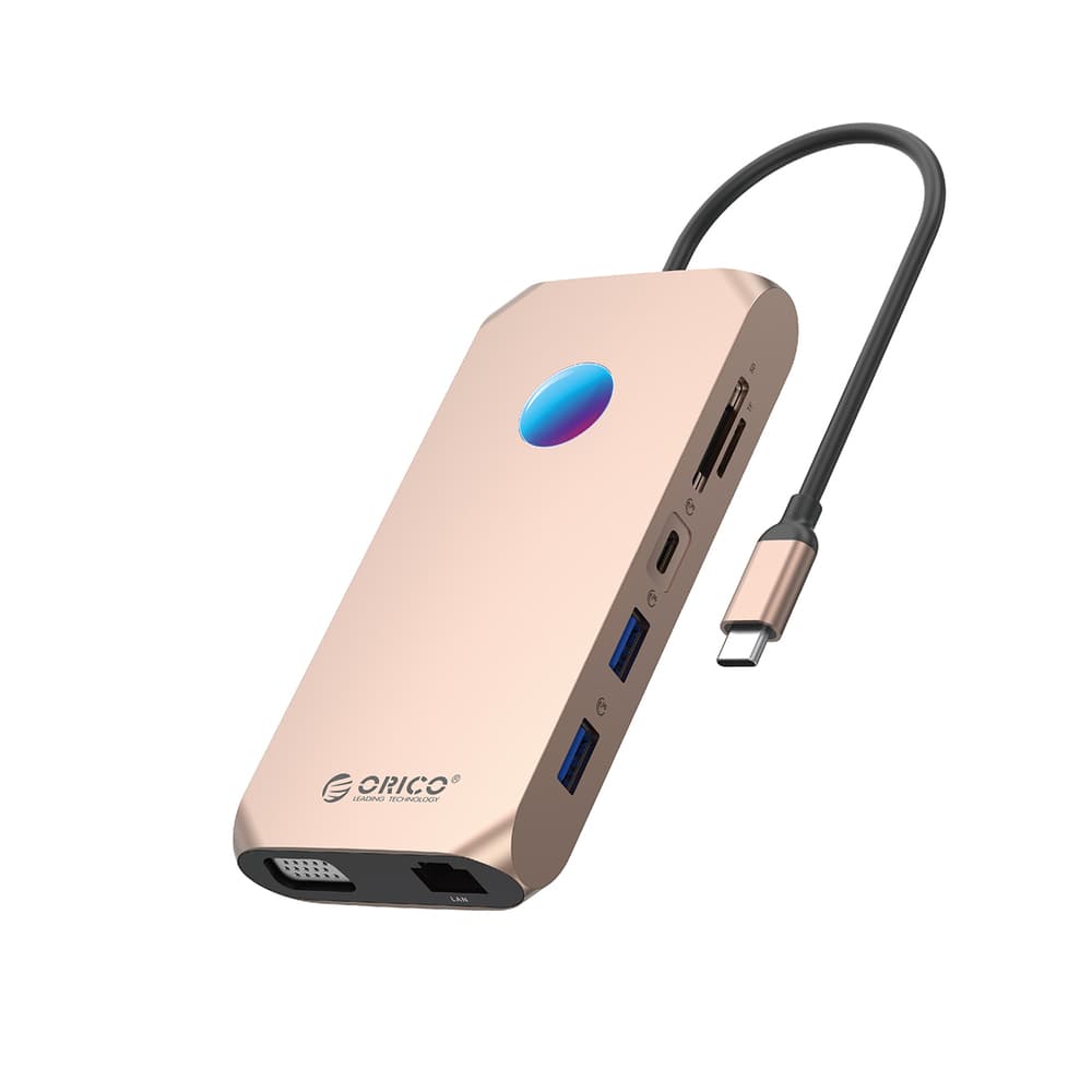 Orico XCR 12v1 RGB USB-C Docking Station, HDMI 4K 30Hz, VGA 1080p, Rožo Zlata