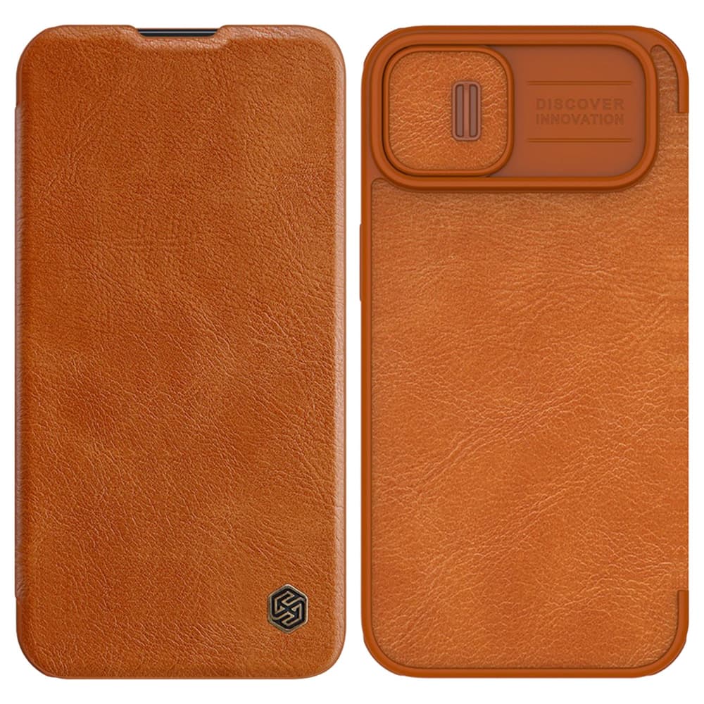 Nillkin Qin Leather Pro ovitek za iPhone 14 Plus s pokrovom za kamero, rjav