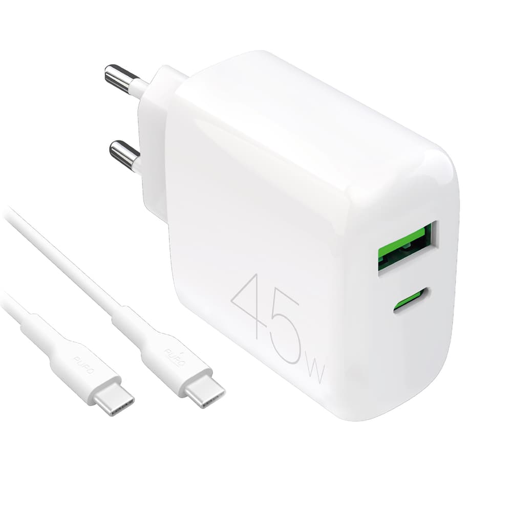 Puro Daily Prolite 45W USB-C/USB-A polnilnik + USB-C kabel, bel