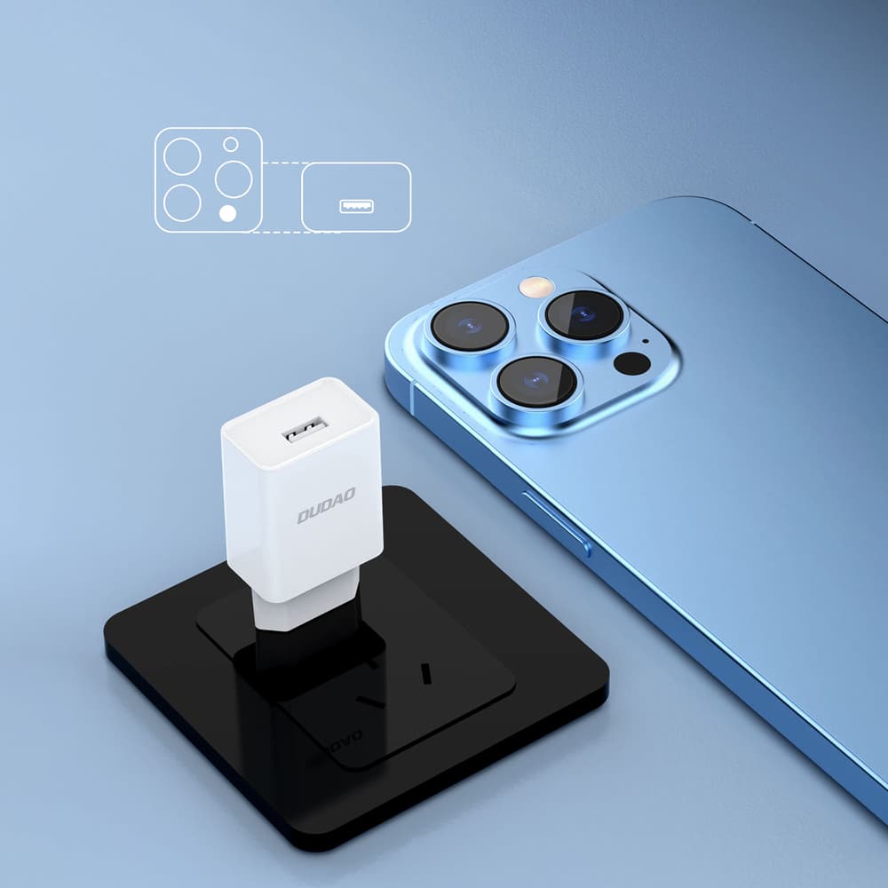 Dudao A4EU USB-A 2.1A zidni polnilnik - bel + USB-A - Lightning kabel 6