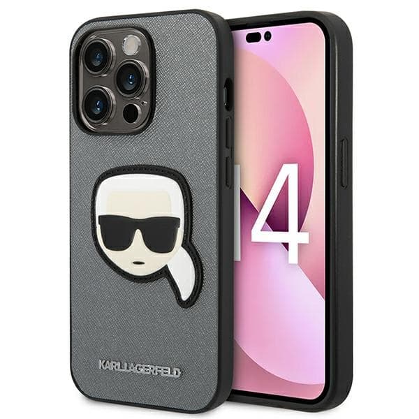 Ovitek Karl Lagerfeld Saffiano 'Karl's Head Patch' za iPhone 14 Pro - Srebrna