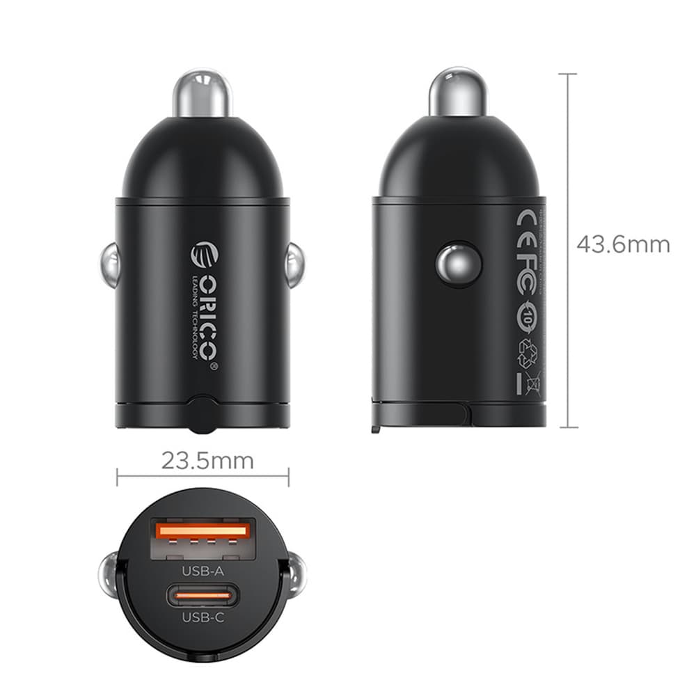 Orico MiniRing 30W avtomobilski polnilnik, USB-A + USB-C - črn 2