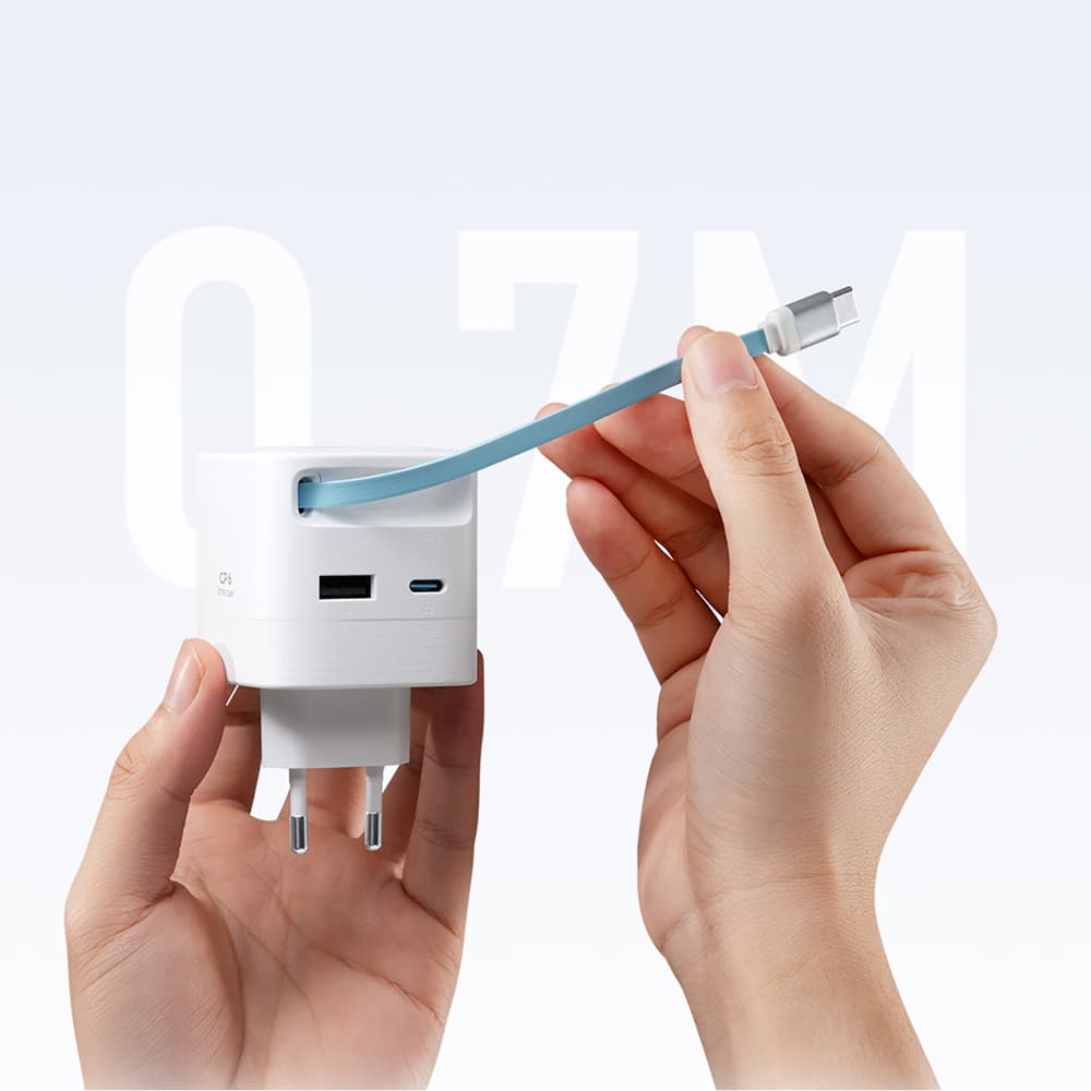 Cuktech AD653W 67W GaN polnilnik 2x USB-C + USB-A z izvlečnim kablom - Bel 3