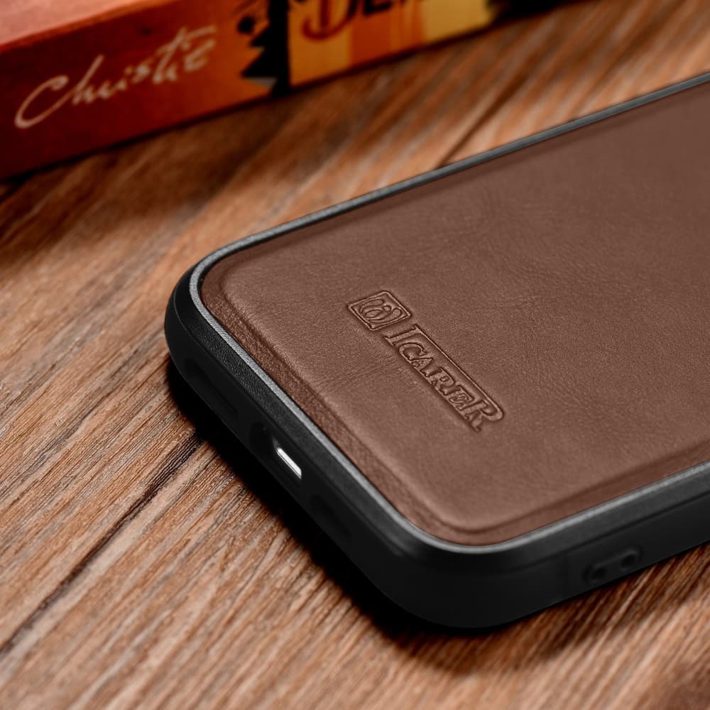 iCarer usnjena Oil Wax ovitek za iPhone 14 Plus, rjava, MagSafe 8