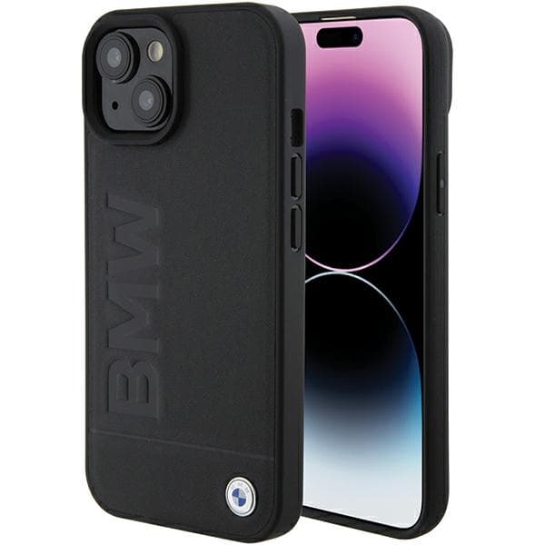 Etui BMW Leather Stamp MagSafe za iPhone 15 Plus - črna