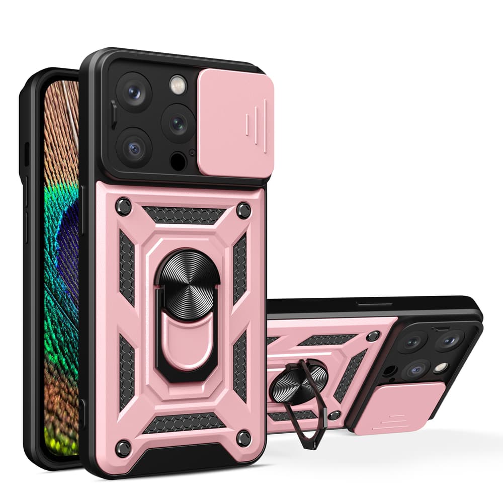 Hybrid Armor Camshield ovitek za iPhone 15 Pro s stojalom in pokrovom kamere - roza