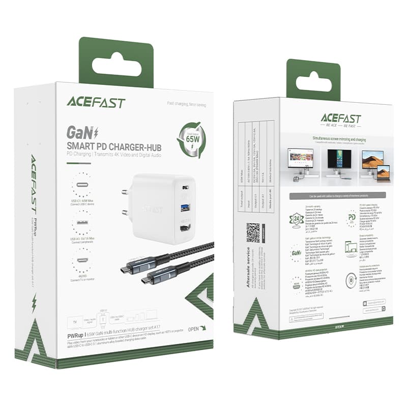 Acefast 2v1 GaN polnilnik 65W USB-C/USB + HDMI adapter, bel (A17) 4